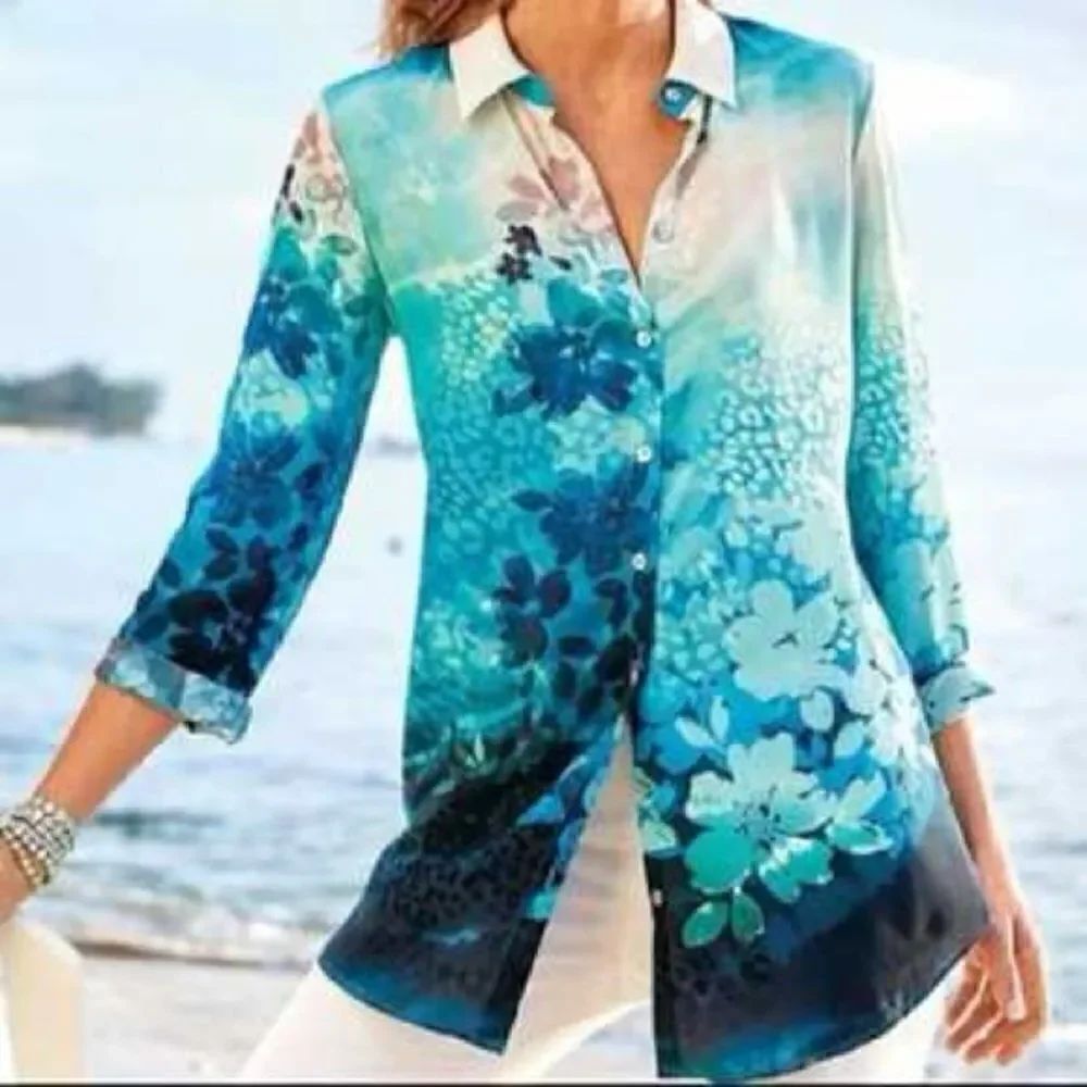 Soft Surroundings Multi Color Silk Jolene Button Down Blouse Size Large